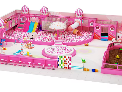 Pink Themed Indoor Playground Equipment With Slides Swings And Play Structures 3d model