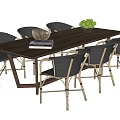 Wooden Dining Table Set With Six Rattan Chairs Metal Frame And Green Fruits Bowl