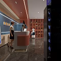 Modern Hotel Lobby Design With Orange White Reception Desk Service Robot And Blue Accent Wall