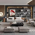 Modern Living Room Interior Design With Sofa Green Chair Coffee Table And Marble Shelves