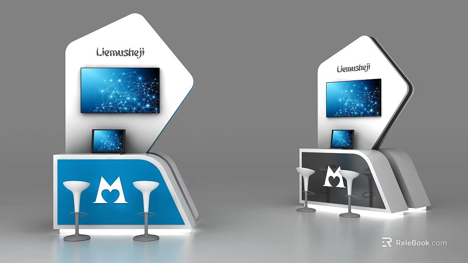 Modern Display Shelves With Screens Blue Counters High Stools And M Logos 3d model 
