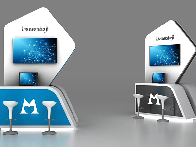 Modern Display Shelves With Screens Blue Counters High Stools And M Logos 3d model