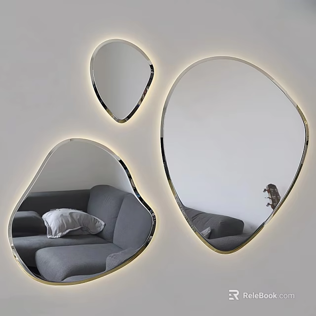 Irregular Shaped Backlit Mirrors With Golden Frame On Wall Reflecting Gray Sofa In Modern Interior 3d model 