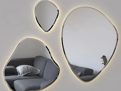 Irregular Shaped Backlit Mirrors With Golden Frame On Wall Reflecting Gray Sofa In Modern Interior 3d model