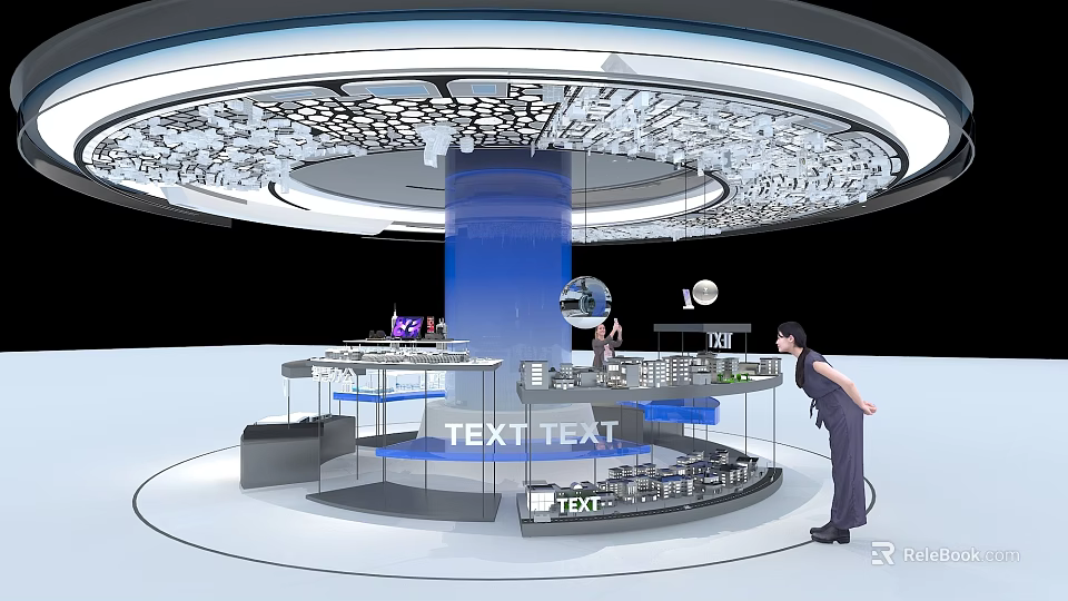 Cultural Center Interior Design With Circular Exhibition Platform Blue Pillar Display Shelves And Exhibits 3d model 