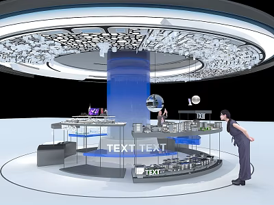 Cultural Center Interior Design With Circular Exhibition Platform Blue Pillar Display Shelves And Exhibits 3d model
