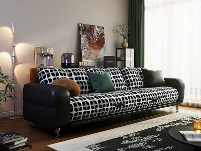 Three Seater Sofa Black White Polka Dot Pattern With Black Leather Armrests Green Brown Cushions 3d model