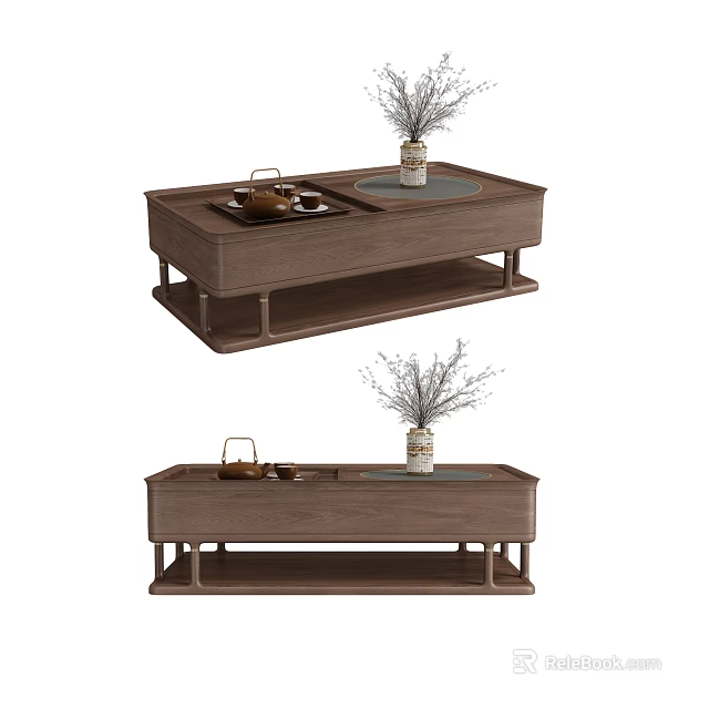 Modern Wooden Coffee Table With Layered Design Tea Set And Dried Flower Vase 3d model