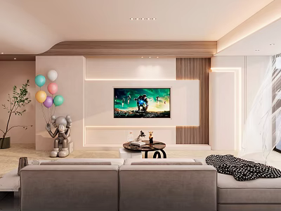 Modern Warm Minimalist Living Room With Soft Ambient Lighting Stylish TV Wall And Cozy Sofa 3d model