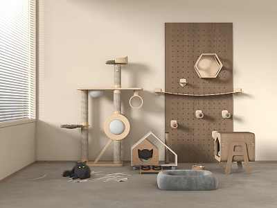 Wooden Cat Tree With Multi Level Platforms Scratching Posts Cat House And Cat Bed 3d model