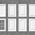 White Cabinet Doors With Various Designs And Styles Against Gray Background 3d model