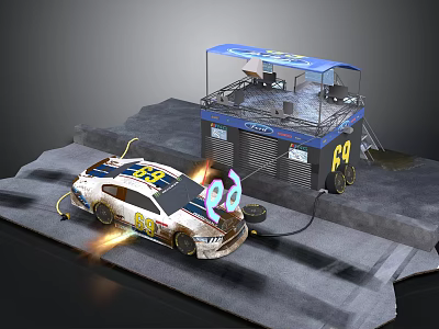 Racing Car With Number 88 And Spark At Pit Stop With Blue Structure 3d model