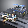 Racing Car With Number 88 And Spark At Pit Stop With Blue Structure
