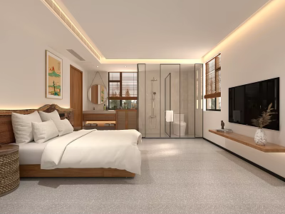 Hotel Guest Room Modern Interior Design With King Bed White Bedding And Open Bathroom 3d model