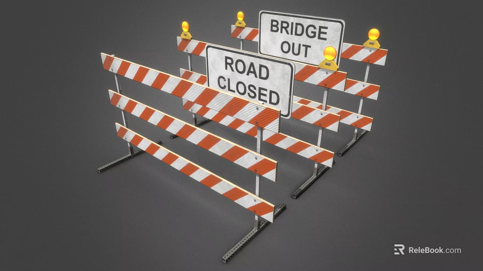 Orange And White Traffic Barriers With Road Closed And Bridge Out Signs 3d model 