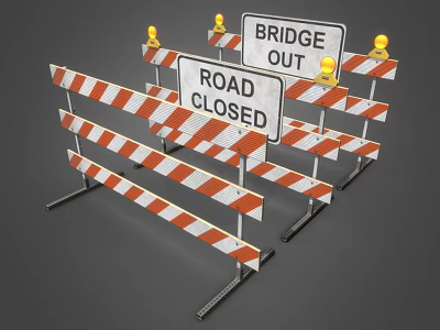 Orange And White Traffic Barriers With Road Closed And Bridge Out Signs 3d model