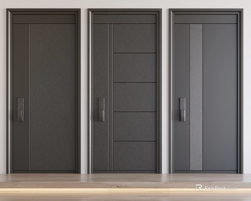 Modern Black Security Doors With Three Different Panel Designs And Sturdy Build 3d model