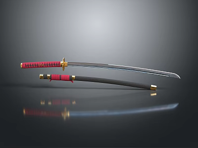 Traditional Samurai Sword With Red Handle Gold Decorations And Black Scabbard 3d model