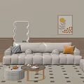 Modern White Sofa And Round Coffee Table Set With Decorative Pillows And Rug