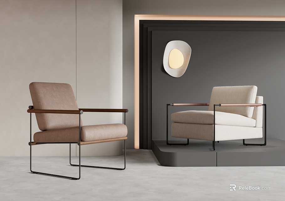 Modern Leisure Chairs With Brown Beige Fabric And Metal Frame In Interior Setting 3d model 