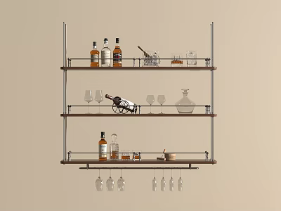 Three Tier Wine Rack With Wine Bottles Glasses Decanter And Hanging Glasses 3d model