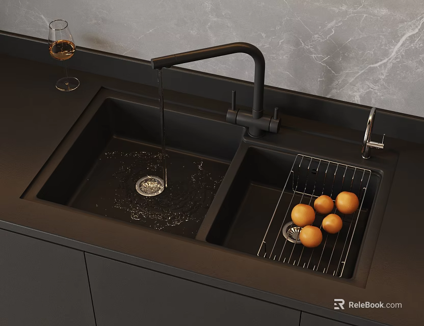 Black Double Bowl Kitchen Sink with Faucet Drying Rack and Oranges on Countertop 3d model 