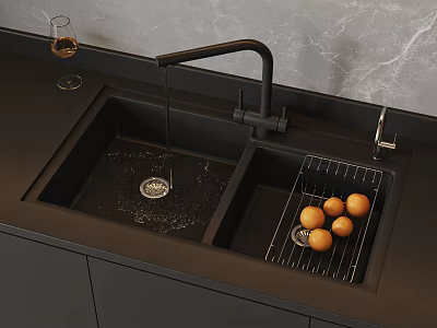 Black Double Bowl Kitchen Sink with Faucet Drying Rack and Oranges on Countertop 3d model