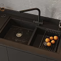 Black Double Bowl Kitchen Sink with Faucet Drying Rack and Oranges on Countertop
