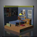 Stylish Bedroom Furniture Setup With Blue Bed Desk Yellow Lamp And Posters
