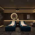 SPA Sauna Relaxation Room With Blue Lounge Chairs White Towels Circular Decor Chinese Calligraphy Warm Lighting