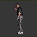 Golf Man Wearing Black Shirt Plaid Pants White Gloves And Cap Touching Head