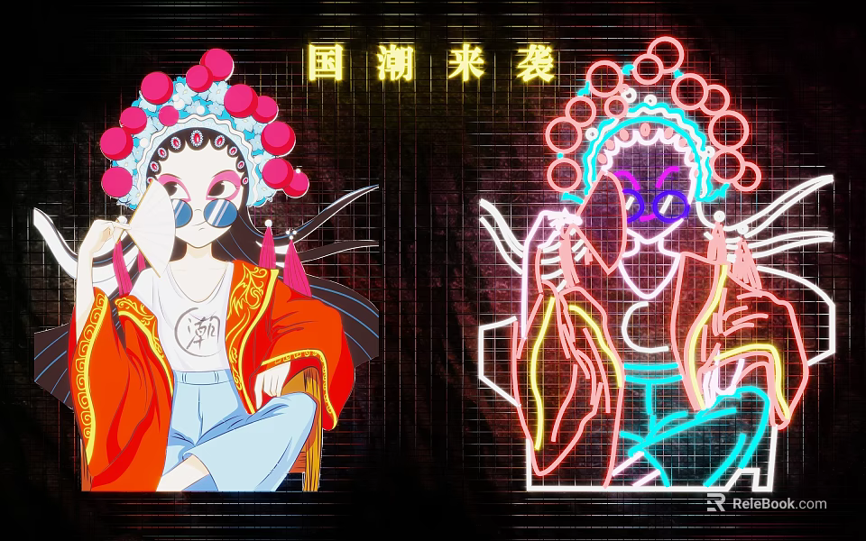 Chinese National Trend Decorative Lights Featuring Opera Characters And Neon Glow 3d model 