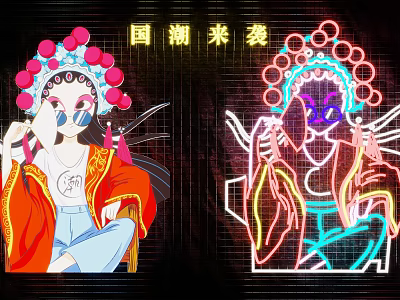 Chinese National Trend Decorative Lights Featuring Opera Characters And Neon Glow 3d model