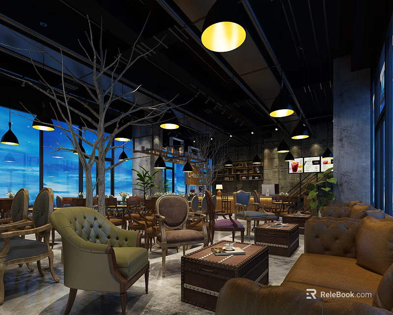 Industrial Style Café Interior With Cozy Sofas Armchairs Hanging Lamps And Large Windows 3d model 