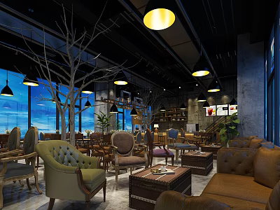 Industrial Style Café Interior With Cozy Sofas Armchairs Hanging Lamps And Large Windows 3d model
