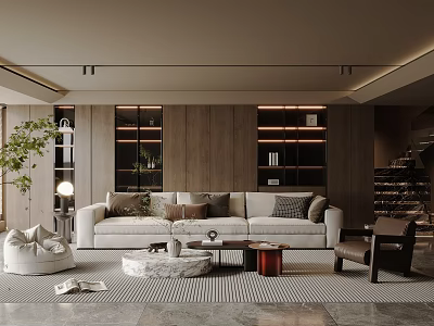 Modern Living Room Interior Design With Beige Sofa Marble Coffee Table Wooden Wall And Bookshelves 3d model