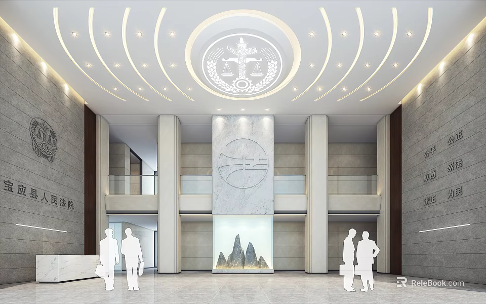 Front Desk Reception In Procuratorate Lobby With Marble Walls Columns And Ceiling Emblem 3d model 