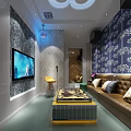 Elegant KTV Interior With Green Chesterfield Sofa Colorful Paintings And Ambient Lighting