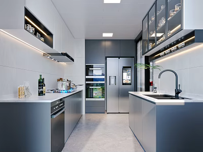 Modern Kitchen Interior With Gray Cabinets Island Countertop Appliances And Lighting 3d model