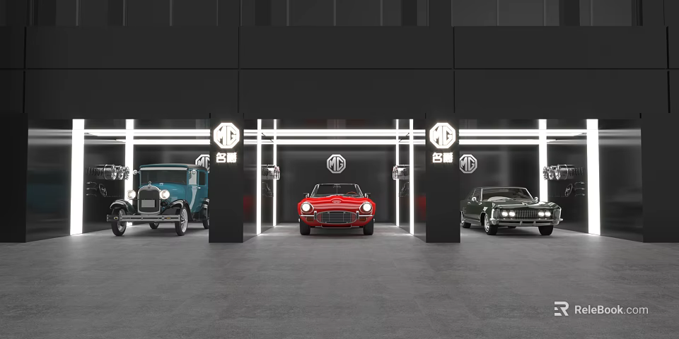 4S Store Modern Showroom With Blue Red Black Classic Cars On 3d model 