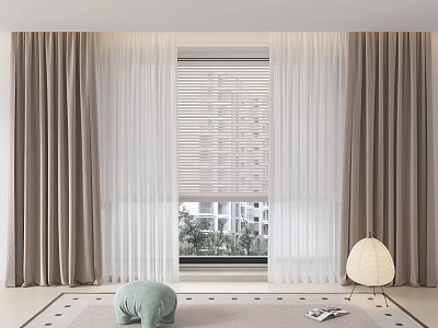 Modern Interior With Gray Curtains Sheer White Panels And Window View 3d model