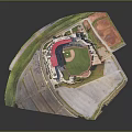 Aerial View Of Modern Baseball Stadium With Red Roof Stands And Green Playing Field