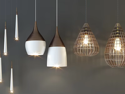 Modern Pendant Lights With Wooden White Shades And Woven Teardrop Rattan Designs 3d model