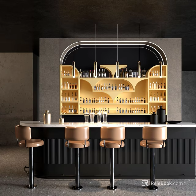 Modern Bar With Arched Wooden Wine Rack Filled With Wine Bottles And Brown Stools 3d model 