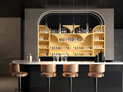 Modern Bar With Arched Wooden Wine Rack Filled With Wine Bottles And Brown Stools 3d model