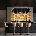 Modern Bar With Arched Wooden Wine Rack Filled With Wine Bottles And Brown Stools