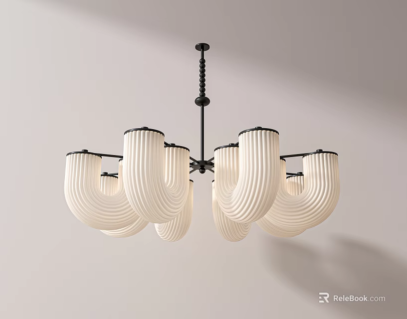 Modern Chandelier With White Curved Lampshades And Black Metal Frame Design 3d model 