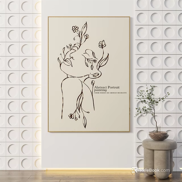 Abstract Figure Line Art Painting With Floral Elements On Circular Patterned Wall 3d model