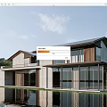 Modern Waterfront Homestay Architecture With Large Glass Windows Sloped Roof And Wood Concrete