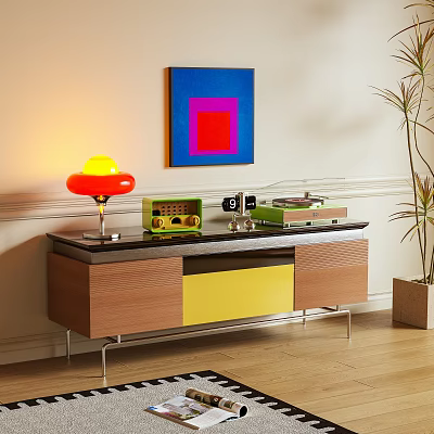 Modern Wooden TV Stand With Yellow Drawers Table Lamp Stereo And Decorative Painting 3d model